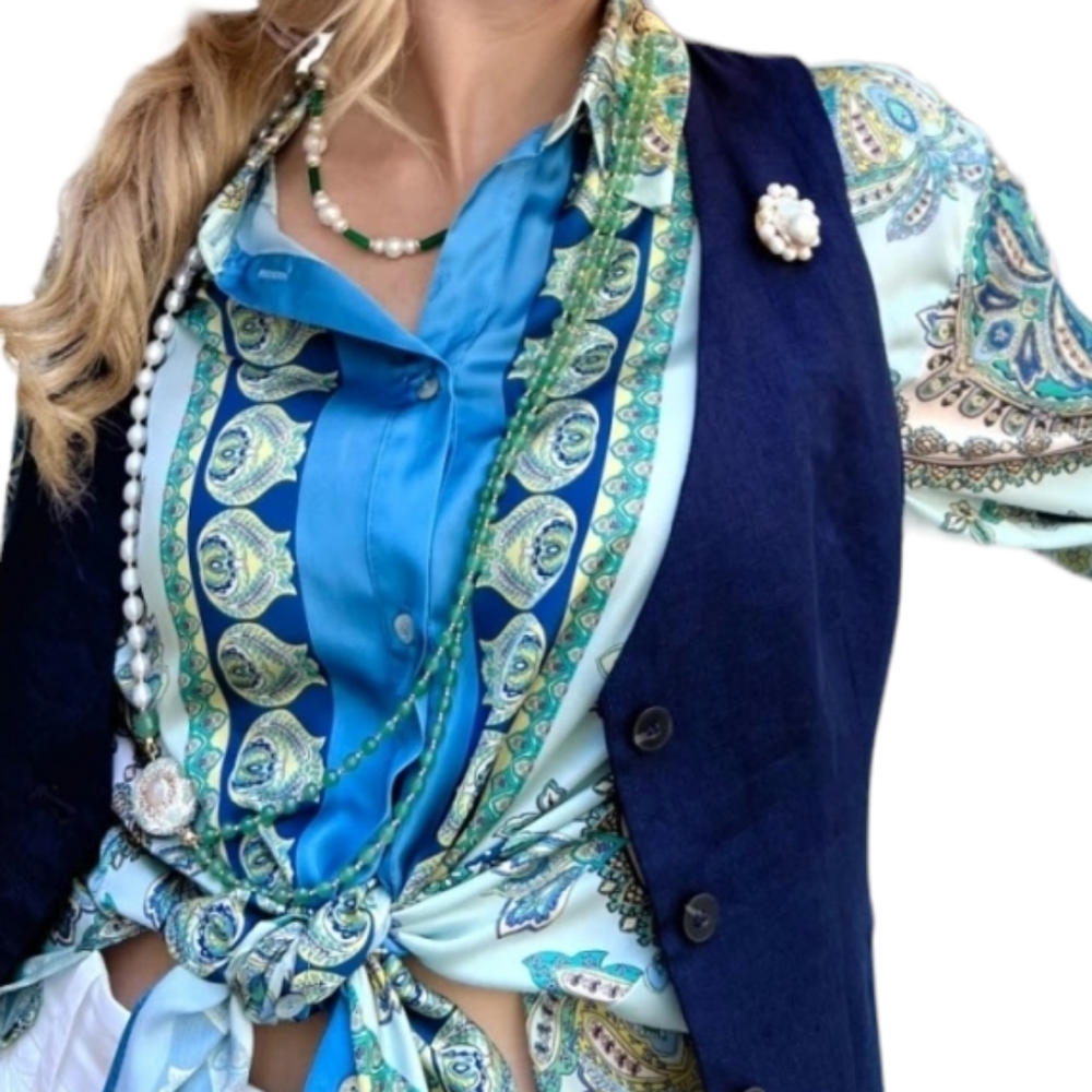 Zara Silky Satin Turquoise Floral Paisley Print Button-down Blouse women's XS